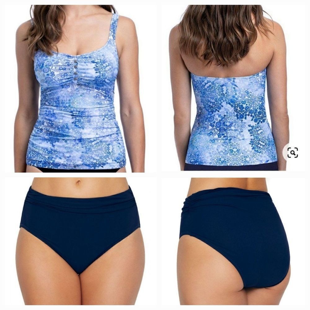 Gottex 2 piece Tankini top & Gottex navy Bikini Bottom Size 8 Swimsuit